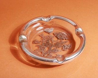 80s Silver Floral Clear Glass Round Cigarette Ashtray