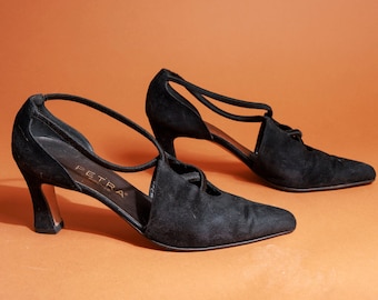 90s Black Velvet Criss Cross Pointed Heels Vintage Italian Pointy Formal Heels