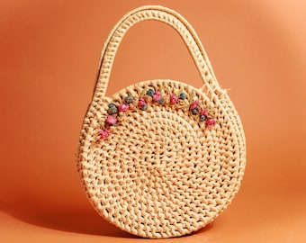 50s Cream Woven Flower Round Purse Vintage Cottage core Prairie Hang Bag