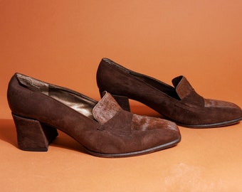 80s Chocolate Brown Velvet Calf Hair Locasiners Vintage Chunky Heel Slip on Locasiners