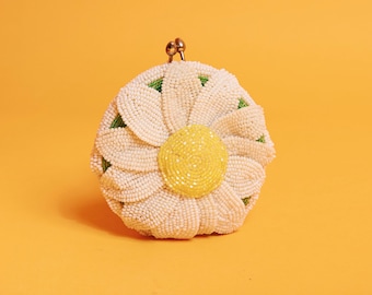 40s White Yellow Sunflower Rounded Purse Vintage Flower Novelty Small Closure Coin Purse