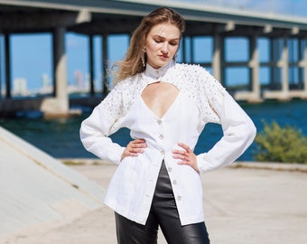 80s White Pearl Rhinestone Long Sleeve Blazer Vintage Bead Structured Cutout Linen Minimal Jacket