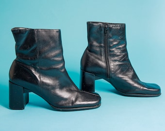 80s Black Leather Mid Square Heel Boots Vintage Zipper Y2K Classic Stitched Boots