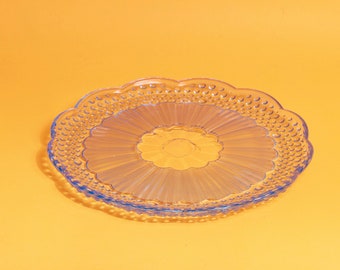 50s Blue Pastel Clear Glass Serving Tray Vintage Round Glass Etched Flower Tray