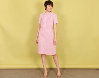 50s Pink Striped Peter Pan Collar Dress Vintage Short Sleeve Spring Fitted Shirt Dress