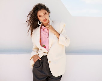 80s Light Cream Textured Blazer Vintage Classic Long Sleeve Linen Jacket
