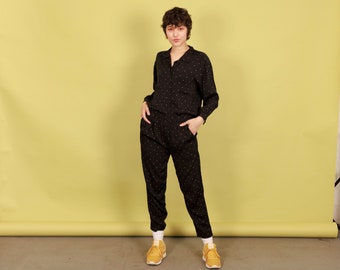 80s Black Polka Dot Matching Pant Set Vintage Rayon Long Sleeve Blouse Set