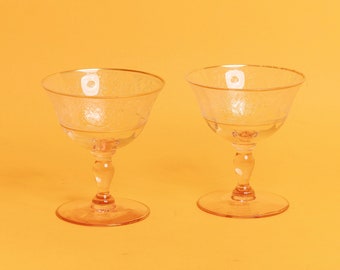 Set of 2 50s Pink Pastel Clear Glass Vintage Etched Adorned Round Cocktail Glasses