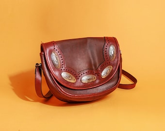 90s Brown Leather Embossed Crossbody Bag Vintage Brighton Western Silver Purse