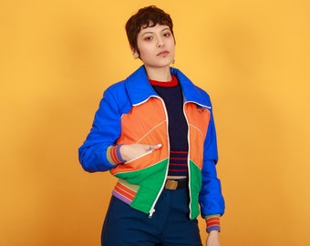 80s Blue Orange Multicolor Ski Jacket Vintage Colorful Puff Retro Groovy Jacket