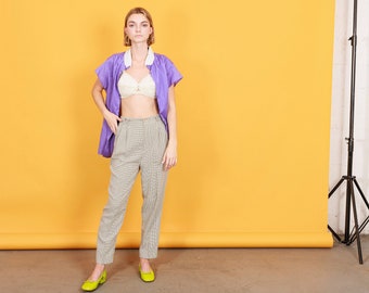 80s White Houndstooth Plaid Trousers Vintage Petite High Rise Fitted Pants