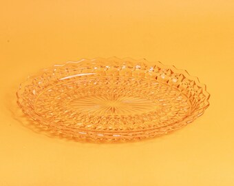 50s Pink Pastel Etched Oval Glass Serving Tray Vintage Decorative Kitsch Clear Tray