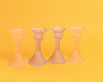 Set of 4 50s Pink Blue Tulip Frosted Glass Candlesticks Vintage Pastel Mini Candle Holders