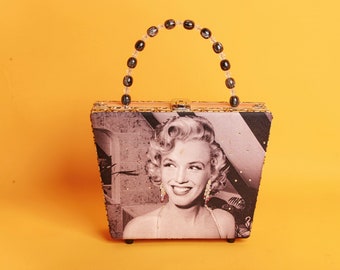 90s Y2K Marylin Monroe Rhinestone Cigar Box Purse Vintage Box Beaded Picnic Handle Bag