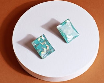 Vintage 80s Pastel Blue Square Confetti Resin Clip On Earrings