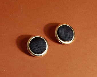Vintage 80s Black Fabric Studded Gold Tone Pierced Earrings