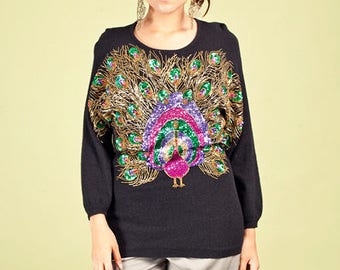 80s Peacock Black Sweater Vintage Colorful Beaded Sweater