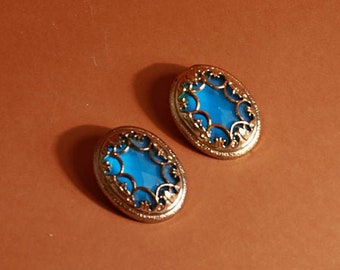 Vintage 80s Chunky Blue Bronze Tone Brocade Clip On Statement Earrings