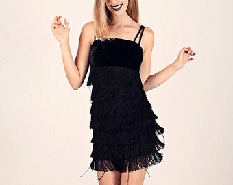 60s Fringe Tassels Dress Vintage Black Fringe Velvet Cocktail Dress