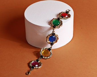 Vintage 80s Gold Tone Colorful Rhinestone Round Chain Bracelet