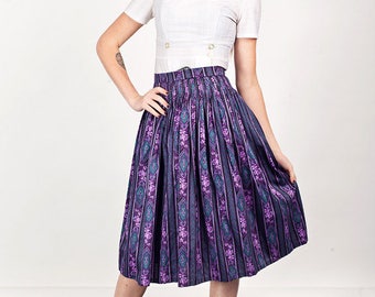 50s Purple Floral Skirt Vintage Filigree Floral High Waisted Printed Skirt