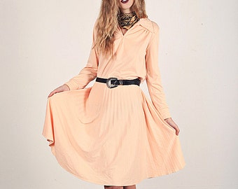 70s Peach Dress Vintage Collar Pleated Skirt Jersey Shirt Dress