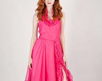 60s Pink Halter Dress vintage Hot Pink Ruffle Swing Dress