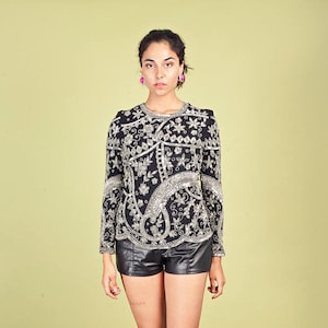 80s Black Silver Beaded Bouse Vintage Sequin Long Sleeve Top