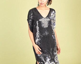 80s Black Silver Sequin Dress Vintage Metallic Cocktail Dress