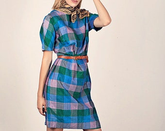 50s Plaid Dress Vintage Green Blue Wiggle Dress