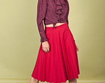 70s Dark Pink Pleat Skirt Vintage High Waisted Textured Circle Skirt