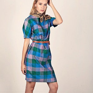 50s Plaid Dress Vintage Green Blue Wiggle Dress
