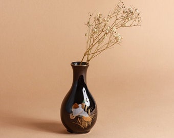 80s Black Gold Trim Duck Round Hourglass Small Vase