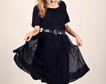 50s Black Chiffon Dress Vintage Little Black Party Dress