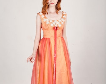 50s Peach Chiffon Dress Vintage Embroidered Floral Gown Prom Dress