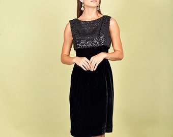 60s Black Sequin Fitted Dress Vintage Cocktail Velvet Sleeveless Dress