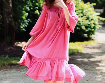 70s Fuschia Tent Dress Vintage Bohemian Smocked Summer Dress