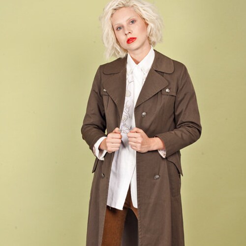 70s Tan Long Raincoat Vintage Olive Green Button Pocket Trench Coat