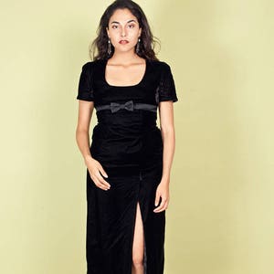 80s Black Velvet Dress Vintage Long Bow Slit Formal Dress
