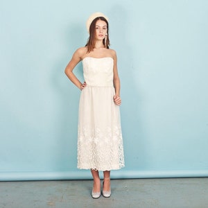 60s Cream Cutout Wedding Dress Vintage Strapless Lace Fitted Dress