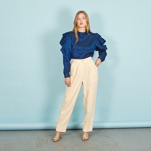 80s Light Beige Yellow Linen Pants Vintage High Waisted Pocket Trousers