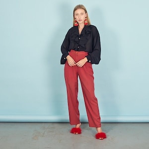 80s Rose Red Silk Textured Pants Vintage Linen Minimal Trousers