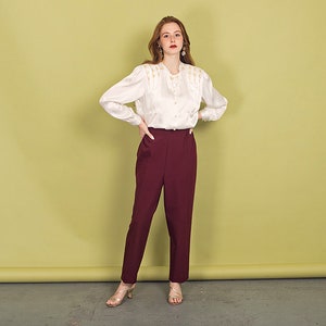 80s Wine Red Elastic Trousers Vintage High Rise Straight Leg Pants image 1