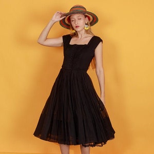 50s Black Party Dress Vintage Bow Pleated Fitted Swing Party Dress image 2