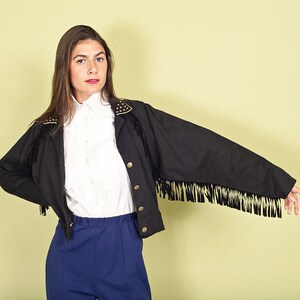 80s Black Studded Crop Jacket Vintage Gold Embellished Fringe Jacket image 2