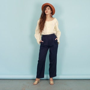 80s Dark Blue Belted Trousers Vintage Straight Leg Pleat Classic Pants