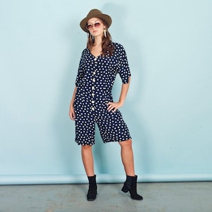 80s Blue Star Print Romper Vintage White Slouchy Printed Jumpsuit