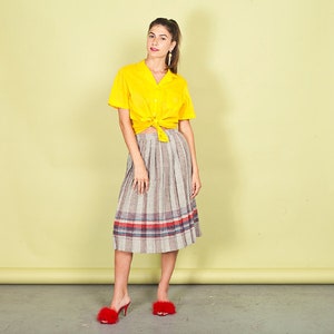 70s Gray Striped School Girl Skirt Vintage Plaid Pleated High Waisted Skirt