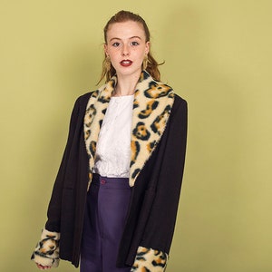 60s Black Leopard Collar Faux Fur Coat Vintage Elegant Knit Winter Jacket image 1