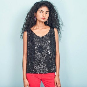 50s Sleeveless Black Sequin Blouse Vintage Wool Flower Beaded Top